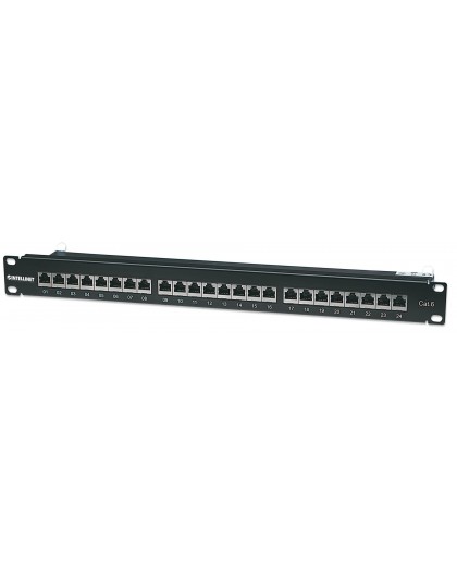 Intellinet Patch Panel, Cat6, FTP, 24-Port, 1U, Shielded, 90° Top-Entry Punch-Down Blocks, Black