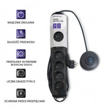 QOLTEC Surge Protector with Foot Quick Switch, 7 Outlets, 1.5 m