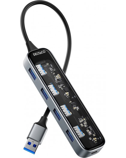 Deltaco USB-A hub, 4x USB-A, 5 Gbps, caurspīdīgs