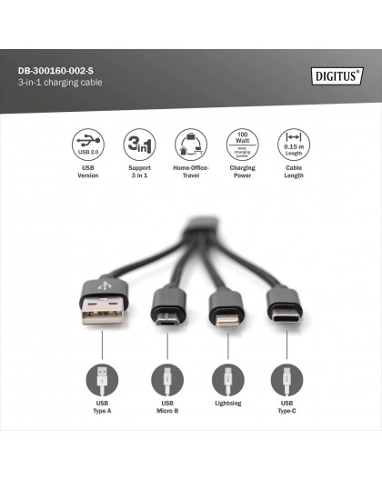 DIGITUS 3-in-1 Charging Cable USB A Lightning + Micro USB + USB-C