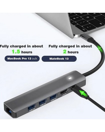 Papildu digitālais adapteris USB Type-C - HDMI, LAN, 3x USB 3.0 Type-A, USB Type-C PD100W