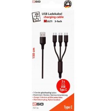 2GO 3 in 1 USB Charging Cable – Black – 150 cm, designed for USB Type-C