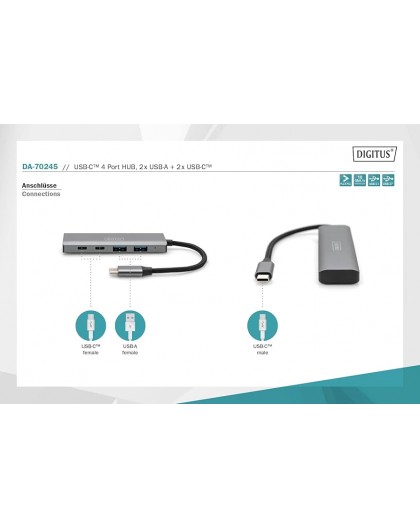 DIGITUS USB-C Hub 4-Port 3.1 - 2xUSB A 2xUSB C with internal cable