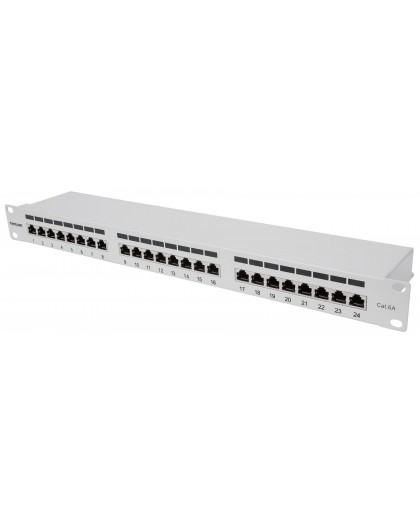 Intellinet Patch Panel, Cat6a, FTP, 24-Port, 1U, Shielded, 90° Top-Entry Punch Down Blocks, Grey
